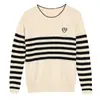 Novo suéter de algodão puro estilo coreano para outono e inverno, com listras em formato de coração e gola redonda, blusa básica de malha de algodão, solta e versátil, para mulheres