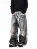 Jeans de estilo callejero americano con efecto desgastado, estampado digital 3D, estilo dos piezas falsas, para hombre y mujer, pantalones holgados de pierna ancha estilo callejero