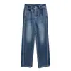 Jeans de Pierna Ancha Elásticos de Invierno Xin Ge para Mujer de Tiro Alto con Ribete de Color Contrastante Lavado Retro Rectos Adelgazantes Pantalones Largos