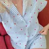 Conjunto de Ropa para el Hogar para Mujer en Primavera, Verano y Otoño, Conjunto Casual de Moda a Rayas con Forma de Corazón con Pantalones Cortos Elásticos y Conjunto de Pijama