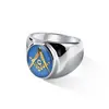 Acero de Titanio Chapado en Oro de 18K, Anillo Ag Masónico con Fondo Azul, Anillo Sello Vintage de Acero Inoxidable para Hombre, Suministro de Comercio Exterior