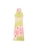 Vestido de Verão 2025 Novo Estilo Moda Europeia e Americana Sexy Costas Nuas Estampa Floral Gola Halter para Mulheres