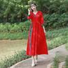 Vestido de Algodão e Linho Estilo Étnico Feminino Primavera e Verão Solto Tamanho Grande Decote V Costura com Fivela Cadarço Contrastante na Cintura Vestido de Comprimento Médio
