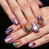 Uñas Cortas Desgastables Ojo de Gato para Halloween, Manicura Cuadrada Brillante con Degradado Morado, Telarañas, Flores, Fantasmas Lindos, Arañas