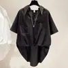 Camisa de Manga Corta con Solapa Irregular 2024 Estilo Coreano para Mujer Diseño Holgado de Verano Camisa Blanca Top Corto