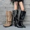 Botas altas de punta 2026 para mujer, diseño de pierna ancha, efecto adelgazante, botas de plataforma de moda, botas altas negras y botas de cuero estilo caballero