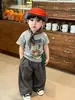 Camiseta de Manga Corta para Niños Ropa de Verano para Niños 2026 Nuevo Dibujo Animado Hombro Caído Top Conjunto de Pantalones Casuales para Bebé