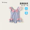 Envío Gratis Ropa Infantil Verano Nuevo Estilo Traje de Baño Infantil con Mangas Pequeñas Volantes, Moderno Bloque de Color Cuadros Lazo Traje de Baño de una Pieza para Niñas
