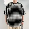 Camiseta juvenil retro americana de corte holgado con rayas de contraste, manga corta, unisex, estilo neutro japonés, adecuada para parejas