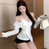 Camisola blanca de encaje con cuello en V estilo francés Pure Desire para mujer, capa base con soporte de busto