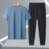 8306-2 Conjunto Esportivo Casual de Verão Masculino de Seda Gelada, Absorvente de Umidade, Respirável, Calças Compridas de Gola Redonda, Moda de Alta Qualidade, Secagem Rápida