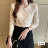 Camisa Corta Elegante de Manga Larga Adelgazante con Diseño Vintage Chic Coreano, Malla Bordada, Cuello de Muñeca con Hebilla de Perla