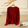Suéter de Punto Fino 100% Cachemira para Mujer Cuello Redondo Hebilla Pequeña Holgado Casual Cardigan Chaqueta de Moda Versátil Rosa