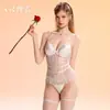 Conjunto de Uniforme Guiruo Sexy de Lencería de Malla con Lunares y Encaje Acolchado con Aros Fruncido Ajustado de una Pieza con Abertura en la Entrepierna 6799