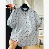 2026 Nova Moda Blusa Cardigan Solta Color Block Artístico com Gola Ondulada Camisa Casual de Linho com Manga Longa e Bolinhas