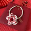  Collar Festivo de Año Nuevo para Mascotas, Flor Roja de Felpa con Perlas, Joyería de Lazo para Perro Gato, Collar