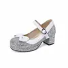 Nuevos Zapatos Mary Jane de Bloques de Color con Tacón de Lentejuelas y Hebilla, Cabeza Cuadrada, Estilo Hip-Hop, Lazo Mediano, Zapatos de Mujer 2023
