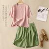 Blusas de Manga Corta de Algodón y Lino para Mujer, Retro, Nuevo Traje de Moda de Verano de Shorts Elásticos Casuales Holgados