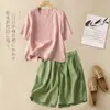 Blusas de Manga Corta de Algodón y Lino para Mujer, Retro, Nuevo Traje de Moda de Verano de Shorts Elásticos Casuales Holgados