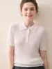 Suéter de punto jacquard trenzado de punto base de manga corta para mujer, 100% lana hilada fina del Yangtsé, cuello polo de manga corta