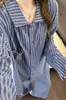 Pijama Listrado Azul Contrastante Estilo Coreano para Mulheres, Conjunto de Duas Peças Cardigan de Manga Longa com Gola para Outono e Inverno, Roupa de Casa Quente Que Pode Ser Usada Fora