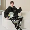 Pijama de Dibujos Animados de Dinosaurio de Terciopelo de Coral para Hombre Otoño e Invierno Niños Grandes de 16 Años Estudiantes de Secundaria Adolescentes Traje de Franela