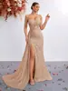 Vestido de Noche de Lujo Ligero con Lentejuelas, sin Tirantes, Sexy, de Cintura Alta, con Abertura, Estilo Sirena, Elegante y Sofisticado Vestido de Socialité para Banquetes
