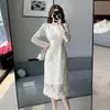 2026 Vestido de encaje de alta gama, elegante, chic para damas, vestido largo estilo francés para mujeres, precio asequible, tela transparente color albaricoque