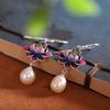 Pendientes vintage de plata s925, joyería de plata, pendientes de perla azul quemada, pendientes largos de loto cloisonné para mujer