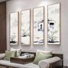 Pintura colgante para sala de estar de Jiangnan Water Village, nuevo fondo de sofá de estilo chino, pintura decorativa cuádruple para salón de té, edición vertical, pintura de tinta zen