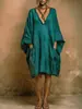 Vestido liso retrô boêmio europeu e americano para mulheres, corte solto, decote V profundo, mangas morcego, com bolsos, vestido de comprimento médio para férias