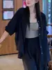Atuendo Estilo Old Money: Chaqueta Camisa de Algodón y Lino Azul Marino para Mujer, Nuevo Modelo Verano 2026, Top de Lino Suelto y Ligero para Protección Solar