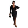 C7118 Cross-border AliExpress Amazon Moda Europeia e Americana Feminina Slim V-neck Split Vestido de Cor Sólida Novo