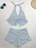 Maiô Conservador Duas Peças Listrado Preto e Branco Atacado Novo com Gola Halter para Mulheres com Seios Pequenos, Adequado para Fontes Termais e Praia