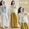 Conjunto de Moda Gestante Primavera e Verão 2026 Novo Estilo Estilo Preguiçoso Roupa de Gravidez Vestido Calça de Pernas Largas Conjunto de Três Peças para Gestante