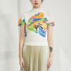 Camisa Plissada Estilo Japonês Verão Feminina Top Fino de Manga Curta Ajuste Slim Elástico Estampada Casual Camiseta Roupa Feminina