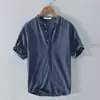 Camisa de Verano 2026 Nueva de Algodón y Lino con Cuello Mao y Manga Corta para Hombre, Transpirable, Holgada, Versátil, Top Casual para Hombre