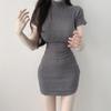 Vestido Coreano de Primavera y Verano Nuevo Estilo Ajustado, Cómodo y Realzador de Figura en la Cintura de Cuello Medio Alto Cubridor de Cadera de Manga Corta para Mujer