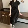 Ropa de mujer talla grande 2026 verano nuevo diseño estilo nicho patchwork falso dos piezas vestido de punto de manga corta longitud media