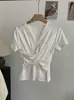 Camiseta Básica de Manga Corta Ajustada con Pliegues y Cuello en V Cruzado Omalai para Mujer, Nueva Colección Primavera/Verano 6826