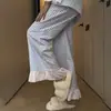 Conjunto de cárdigan a cuadros de algodón puro rosa con cuello, mangas largas con volantes de malla y pantalones largos, pijama estilo europeo y americano, ropa cómoda para casa