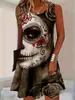 Vestido regata sem mangas com estampa de rosa e morcego de Halloween, estilo tinta escura, mini vestido regata solto de gola redonda em linha A