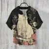 Patrón Verano Delgado Transfronterizo Estampado Digital Cuello en V para Hombre Pulóver de 3 Botones Casual Lino Polo