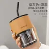 Vaso de bambú y cristal con funda de piel y pajilla, apto para bebidas, jugos, leche, bebidas frías y café en restaurantes