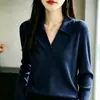 Suéter de malha outono novo, gola polo de algodão puro, meio aberto, listrado, slim fit, moda versátil, top modelador para mulheres