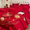 Juego de Cuatro Piezas Rojo Brillante de Alta Calidad para Boda Bordado de Dragón y Fénix Chino Funda Nórdica Sábana Nueva Casa Colcha Alegre Ropa de Cama para Boda