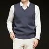 Colete de lã com decote V masculino, suéter sem mangas para outono e inverno, colete pulôver para o pai, malha com padrão de losangos de manga longa