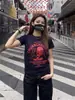 Camiseta de Algodón de Manga Corta Famosa en Internet con Estampado Imp Cuello Redondo en Hombro Corte Ajustado Adelgazante Top Estilo Spice Girl Verano Nuevo
