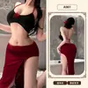 Vestido Largo Sexy de Lencería Naranja con Cuello Halter para Mujer con Abertura Alta y Decoración de Cadena Dorada en la Cintura Uniforme de Discoteca Conjunto de Pijama A961
