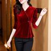 Camisa Base de Veludo Preto Outono 2024 Feminina Nova Chegada Moda Manga Comprida T-Shirt Elegante Vintage Fivela Top